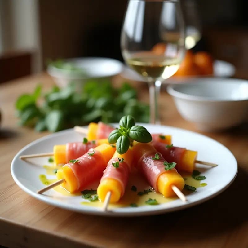 Brochetas de Gamón Ibérico y Melón con Vinagreta de Albahaca: Entrante Español Gourmet