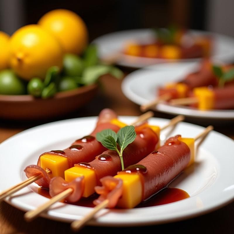 Brochetas de Gamón Ibérico y Melón con Salsa de Miel y Vinagre Balsámico: Receta Gourmet en 10 Minutos