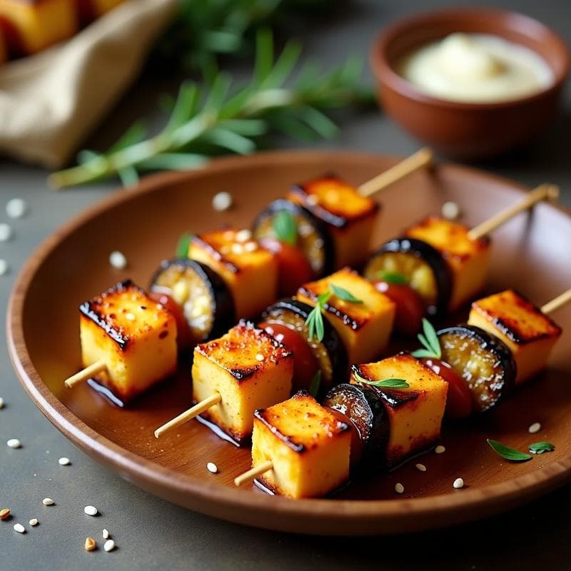Brochetas de Halloumi y Berenjena con Miel de Dátil: Receta en Airfryer con Toque Griego
