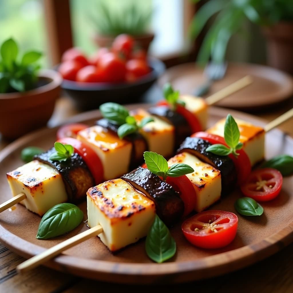 Brochetas de Halloumi, Berenjena y Tomates Secos: Receta Mediterránea en Grill en 15 Minutos