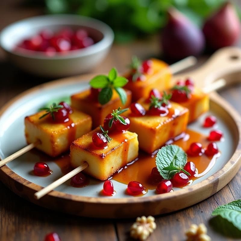 Brochetas de Halloumi y Higos Caramelizados con Vinagreta de Granada: Aperitivo Griego Gourmet en 15 Minutos