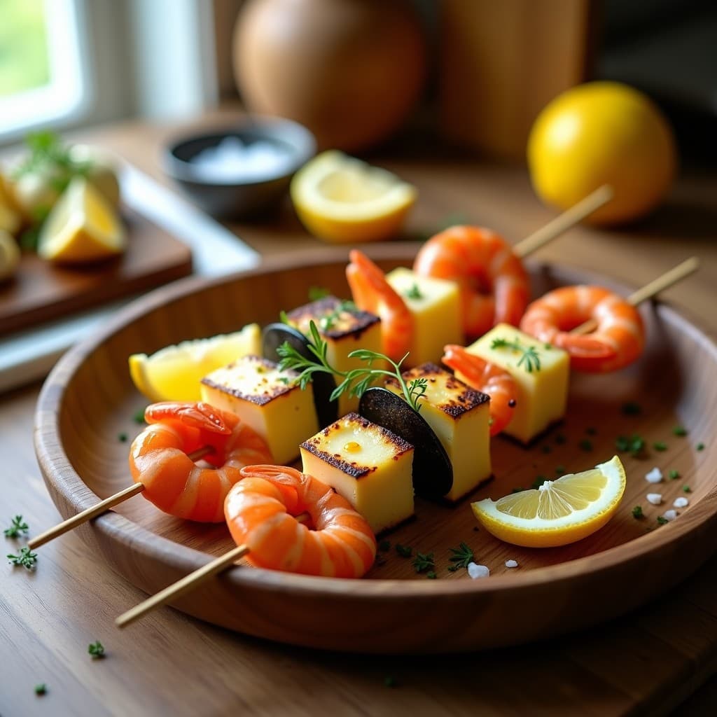 Brochetas de Halloumi y Animales de Mar con Limón Confitado: Receta Chipriota en 20 Minutos