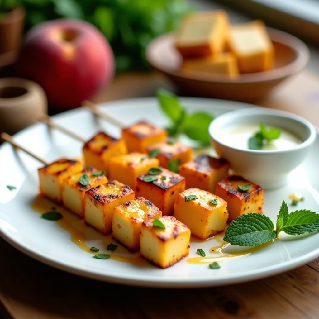 Brochetas de Halloumi y Melocotón a la Plancha con Salsa de Menta: Receta Chipre Vegetariana en 12 Minutos