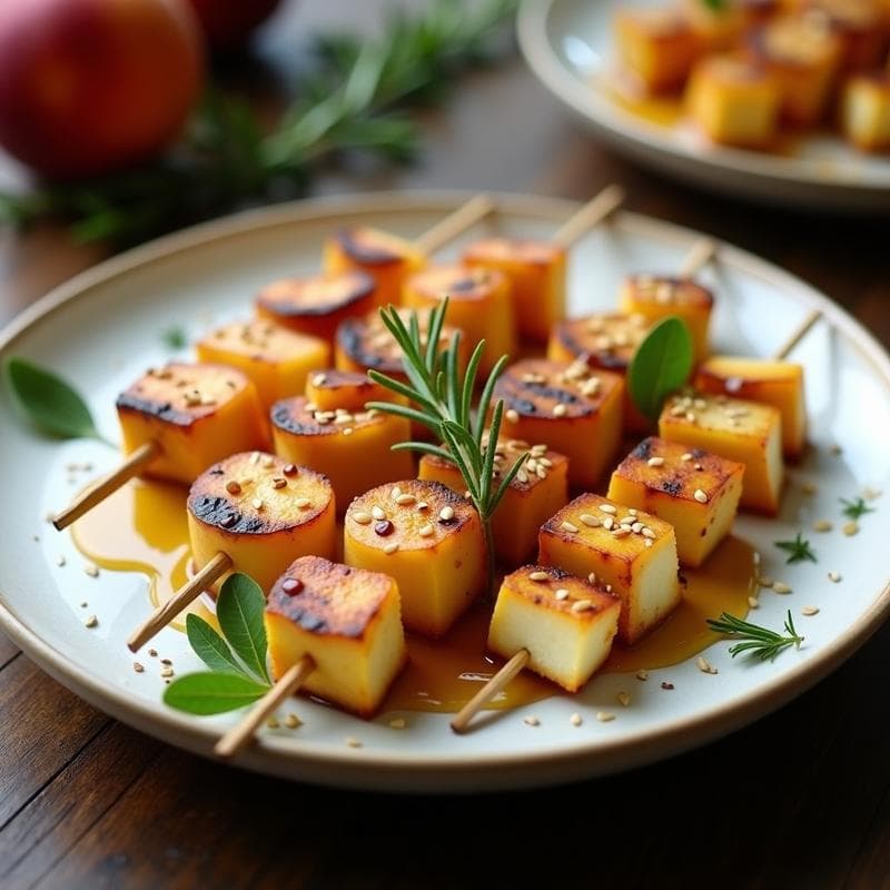 Brochetas de Halloumi y Melocotón a la Plancha con Miel de Romero: Aperitivo Griego Vegetariano