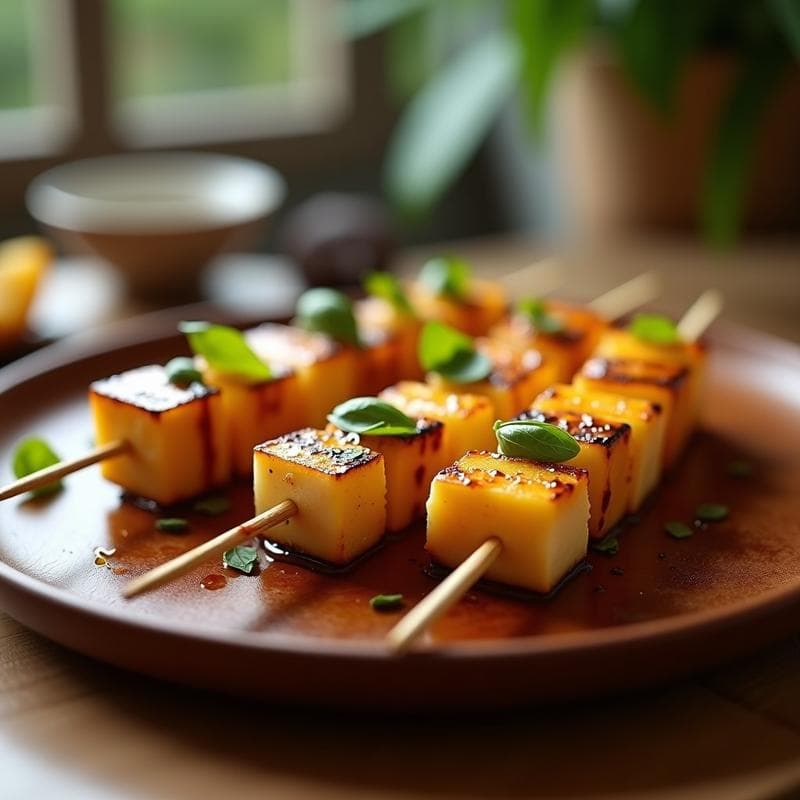 Brochetas de Halloumi y Melocotón: Entrante Vegano a la Parrilla con Miel de Trufa