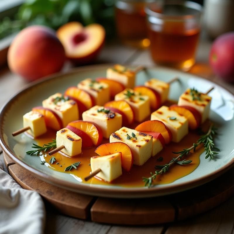 Brochetas de Halloumi y Melocotón a la Parrilla con Miel de Tomillo: Aperitivo Dulce-Salado en 12 Minutos
