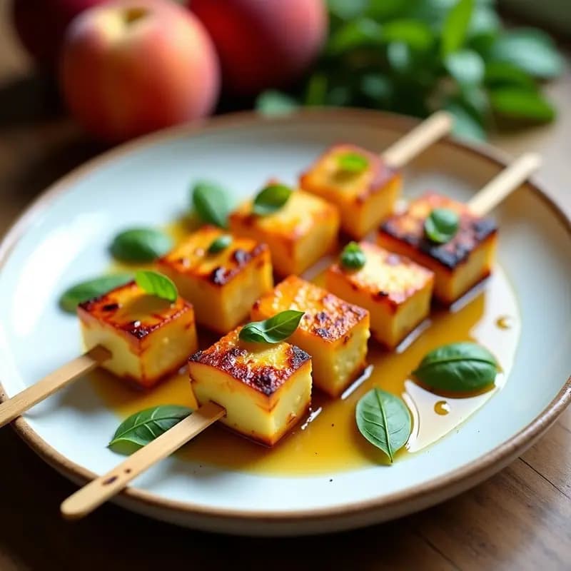 Brochetas de Halloumi y Melocotón con Vinagreta de Albahaca: Receta Chipriota Dulce-Salada en 10 Minutos