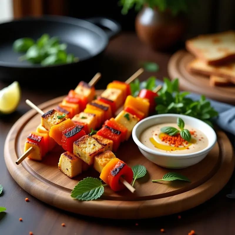 Brochetas de Halloumi y Pimientos Asados con Salsa de Tahini: Receta Griega Vegana en 15 Minutos