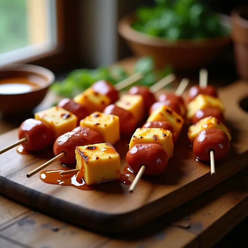 Brochetas de Queso Halloumi y Salchicha Frankfurt con Glaseado de Miel y Mostaza: Aperitivo Alemán para Carnívoros