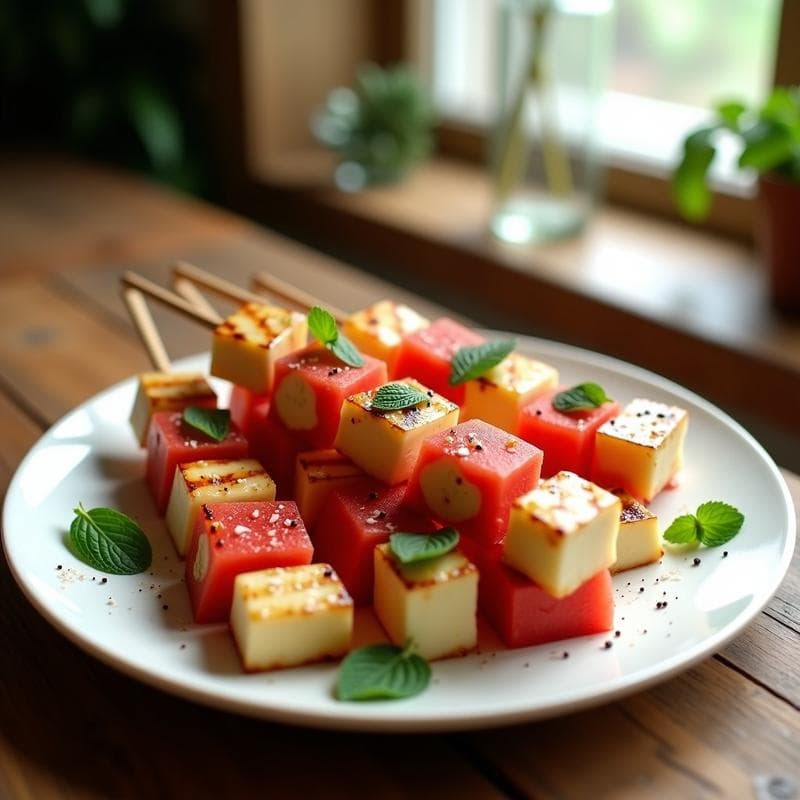 Brochetas de Halloumi y Sandía: Entrante Chipriota Dulce-Salado en Airfryer en 12 Minutos