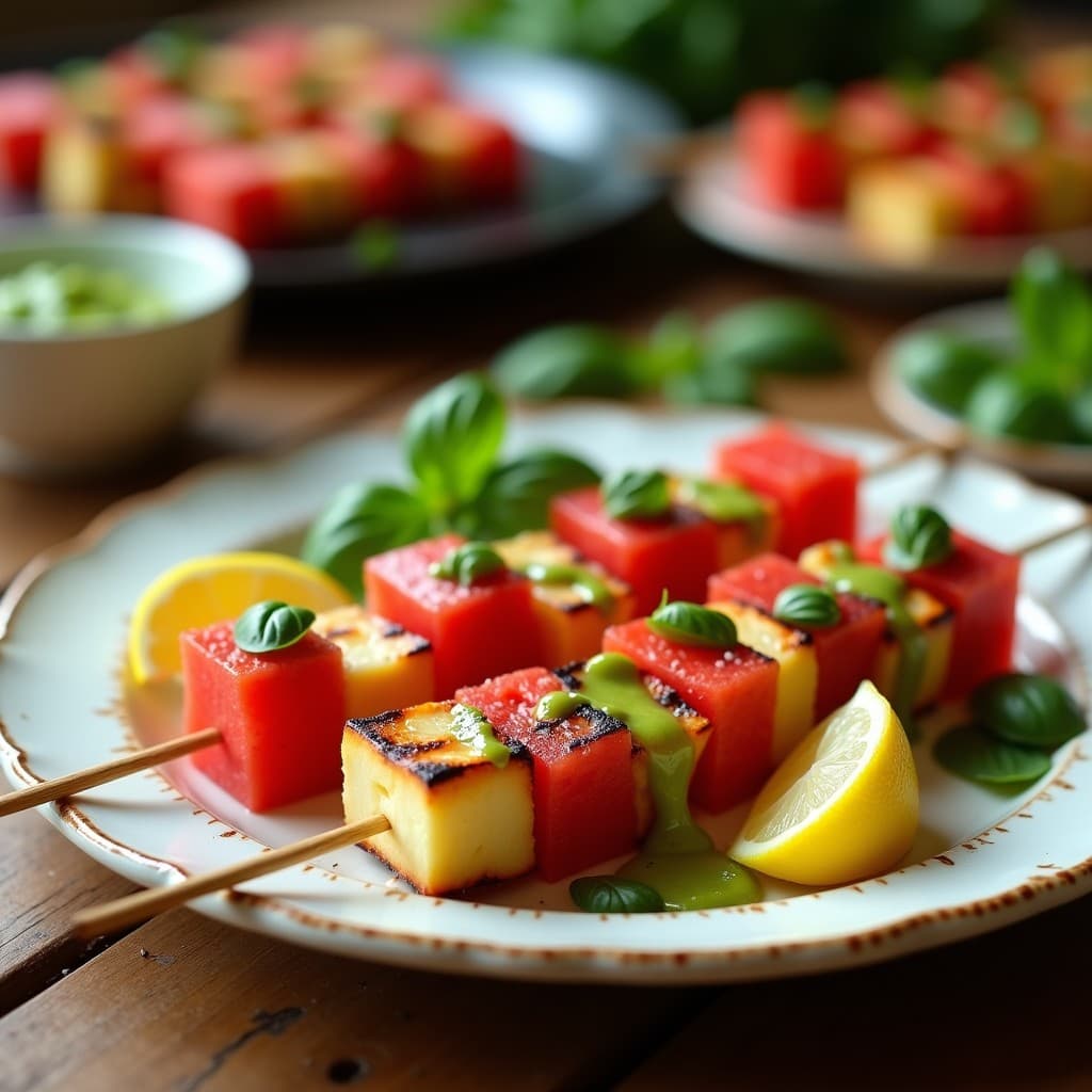 Brochetas de Halloumi y Sandía con Salsa de Albahaca: Receta Chipriota Vegana en Grill