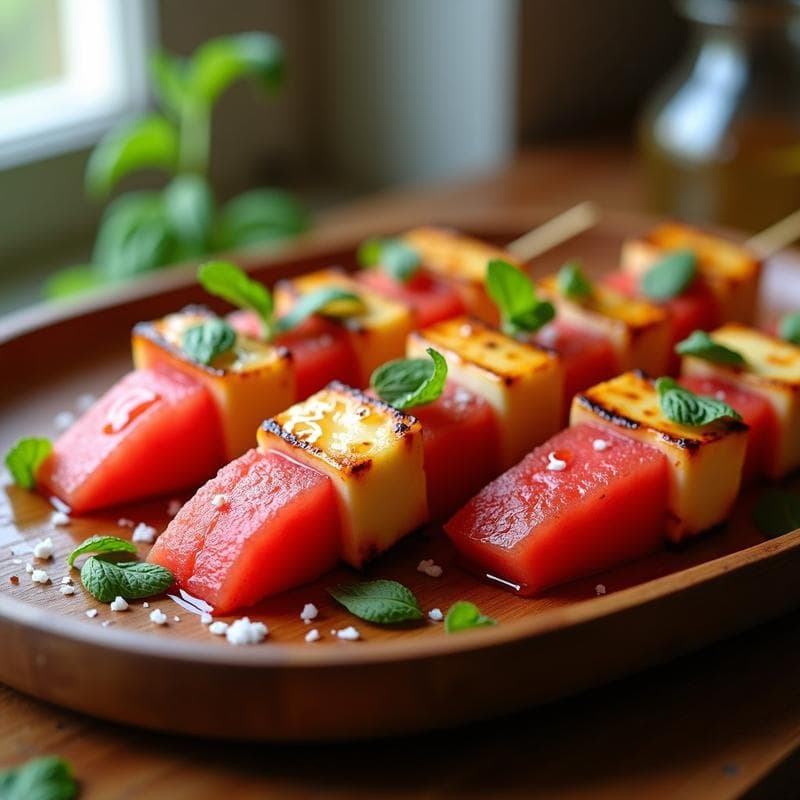 Brochetas de Halloumi y Sandía con Glaseado de Miel y Menta: Aperitivo Griego Viral en 10 Minutos
