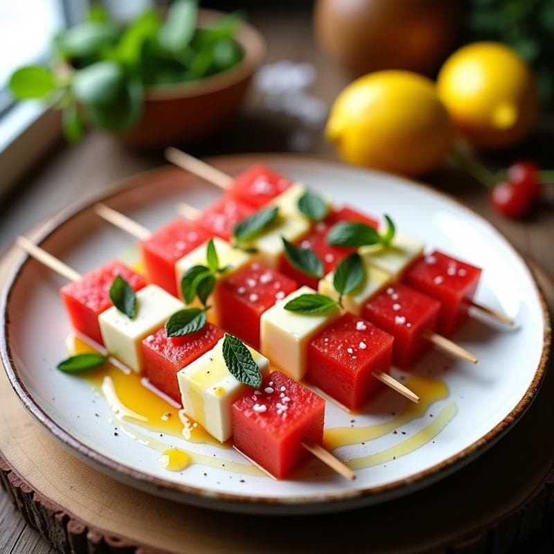 Brochetas de Halloumi y Sandía: Entrante Griego Fresco y Sin Cocción en 10 Minutos