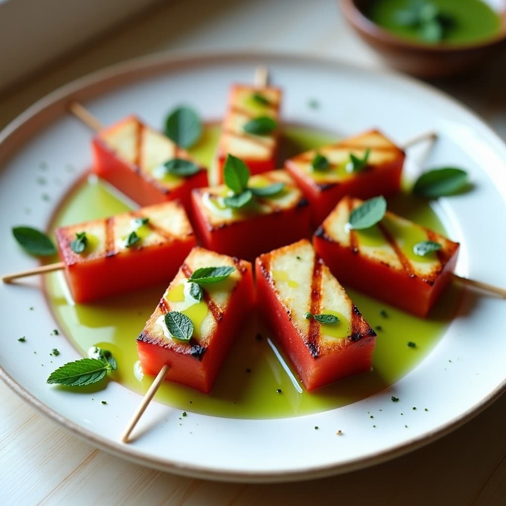 Brochetas de Halloumi y Sandía con Vinagreta de Menta: Entrante Verde Sin Gluten en 10 Minutos