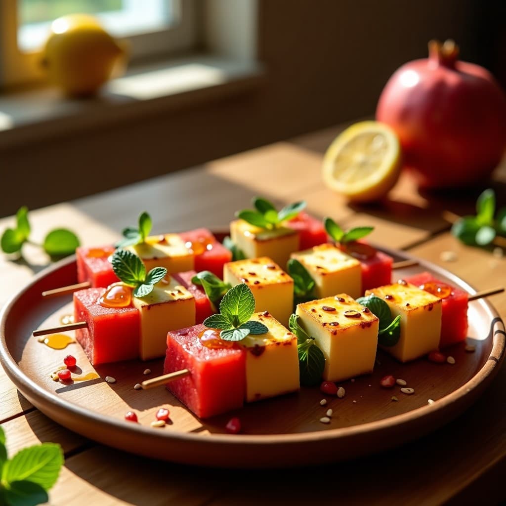 Brochetas de Halloumi y Sandía con Miel de Granada: Aperitivo Chipriota Veraniego en 10 Minutos
