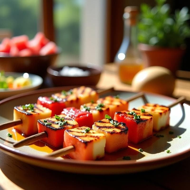 Brochetas de Halloumi y Sandía con Glaseado de Miel de Tomillo: Receta Chipriota en Grill