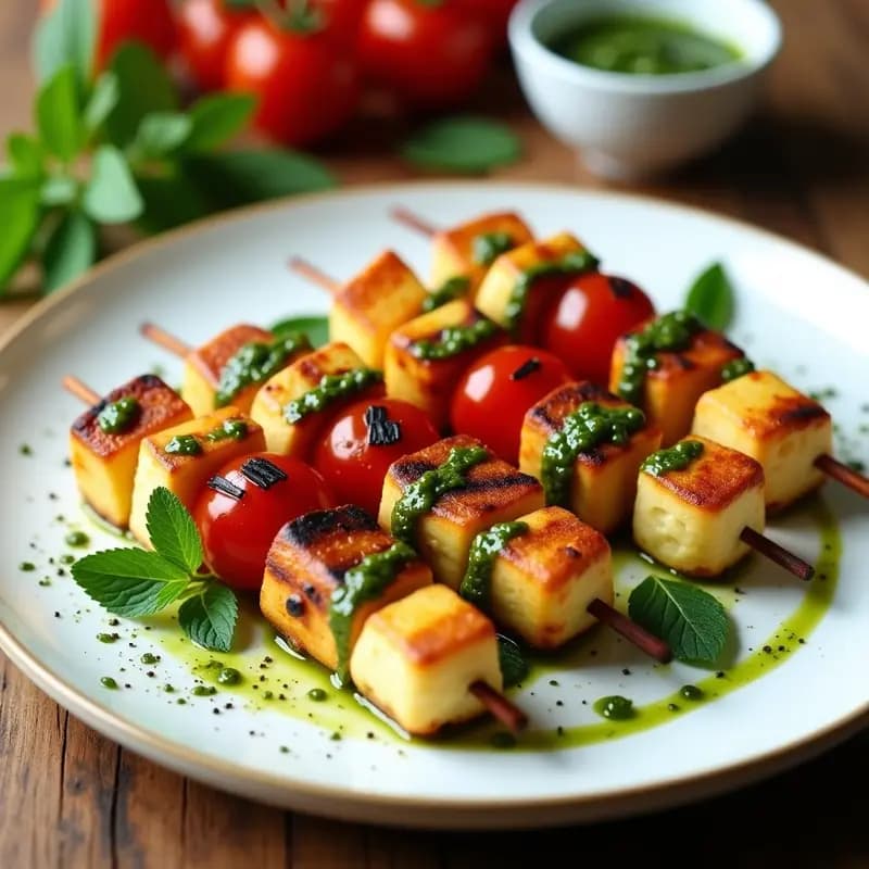 Brochetas de Halloumi y Tomate Cherry con Pesto de Menta: Entrante Chipriota en 15 Minutos