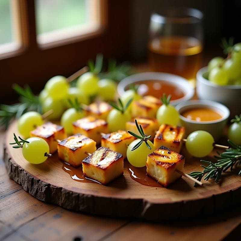 Brochetas de Halloumi y Uvas con Salsa de Miel y Romero: Aperitivo Dulce-Salado en 10 Minutos