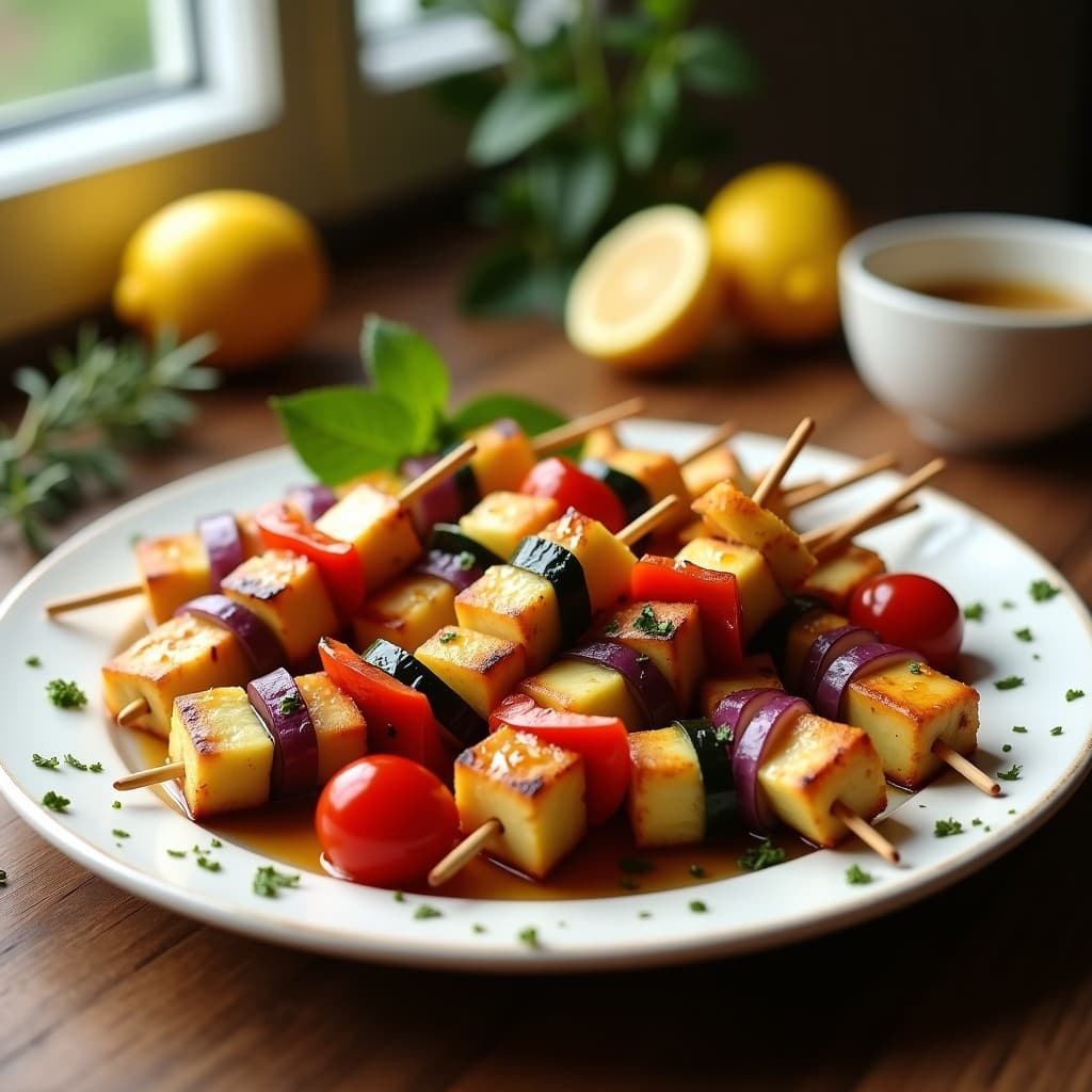 Brochetas de Halloumi y Vegetales con Aderezo de Limón y Miel: Receta Griega en Airfryer