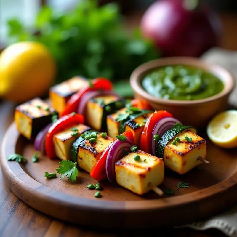 Brochetas de Halloumi y Vegetales a la Parrilla con Chimichurri: Receta Mediterránea Vegana