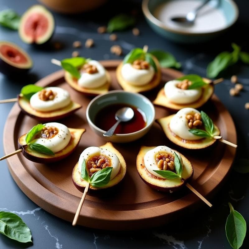 Brochetas de Higo y Queso de Burrata con Reducción de Miel de Trufa: Aperitivo Italiano en 10 Minutos