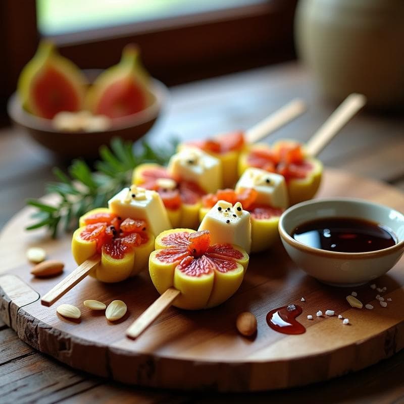 Brochetas de Higos y Queso de Almendras con Reducción de Vinagre Balsámico: Postre Gourmet Vegano