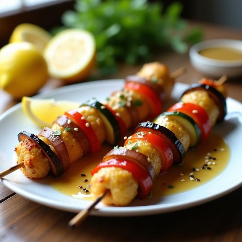 Brochetas de Kamut y Verduras con Salsa de Limón y Ajo: Receta Vegana en Airfryer