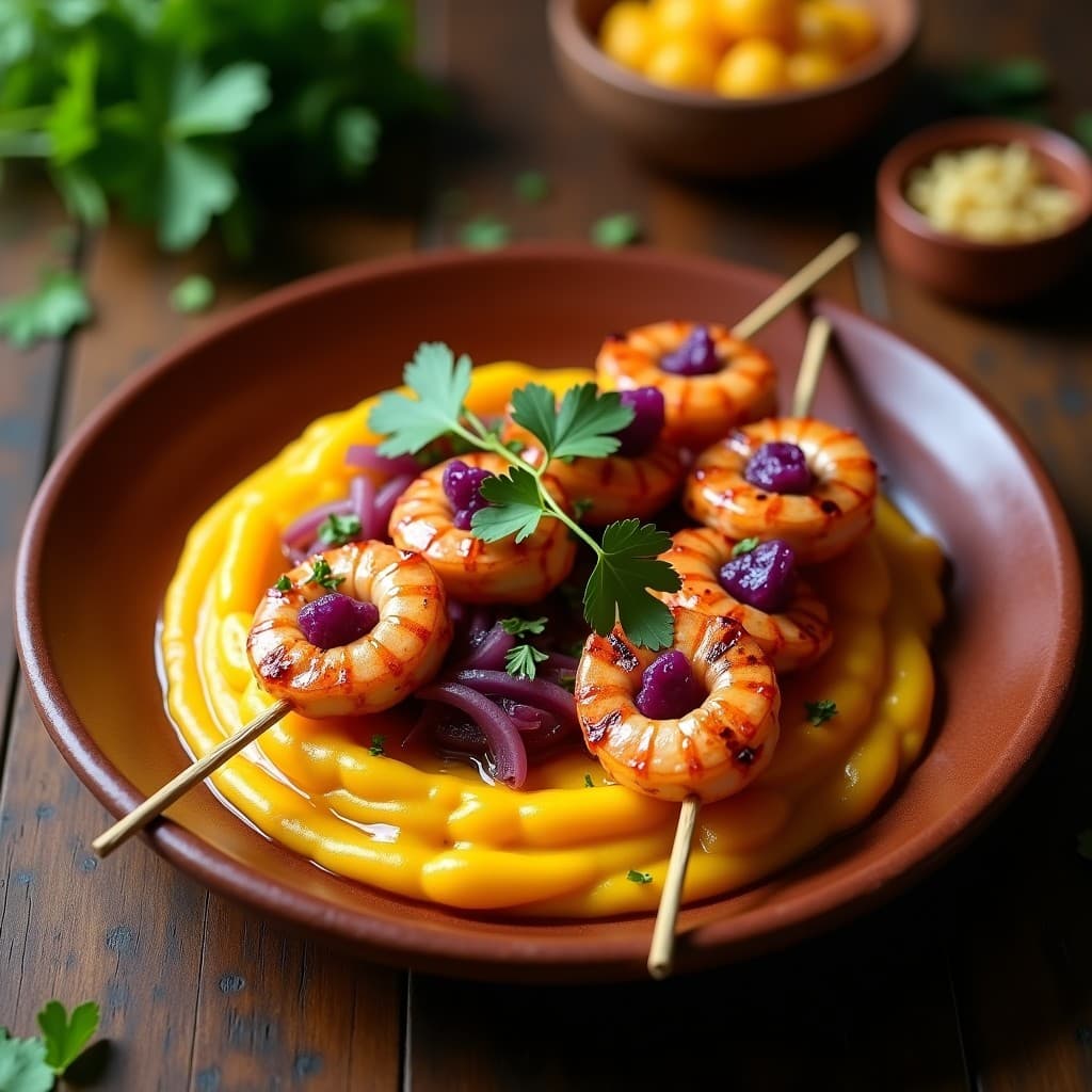 Brochetas de Langostinos al Ají Charapita con Puré de Camote Amarillo: Receta Amazónica en Grill