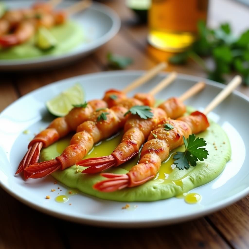 Brochetas de Langostinos al Ajillo con Mousse de Aguacate y Lima: Receta Española en Airfryer