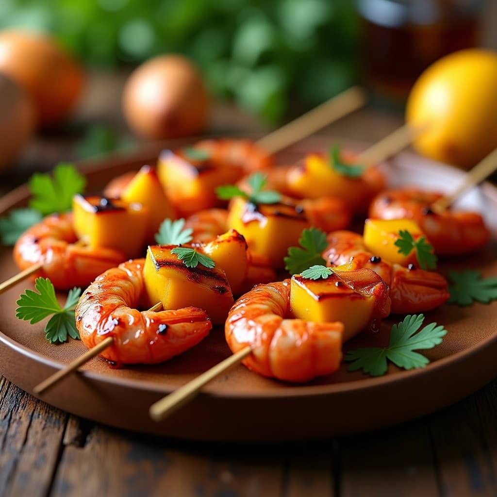 Brochetas de Langostinos y Mango con Glaseado de Tamarillo: Receta Fusion Peruano-Australiana en Barbacoa