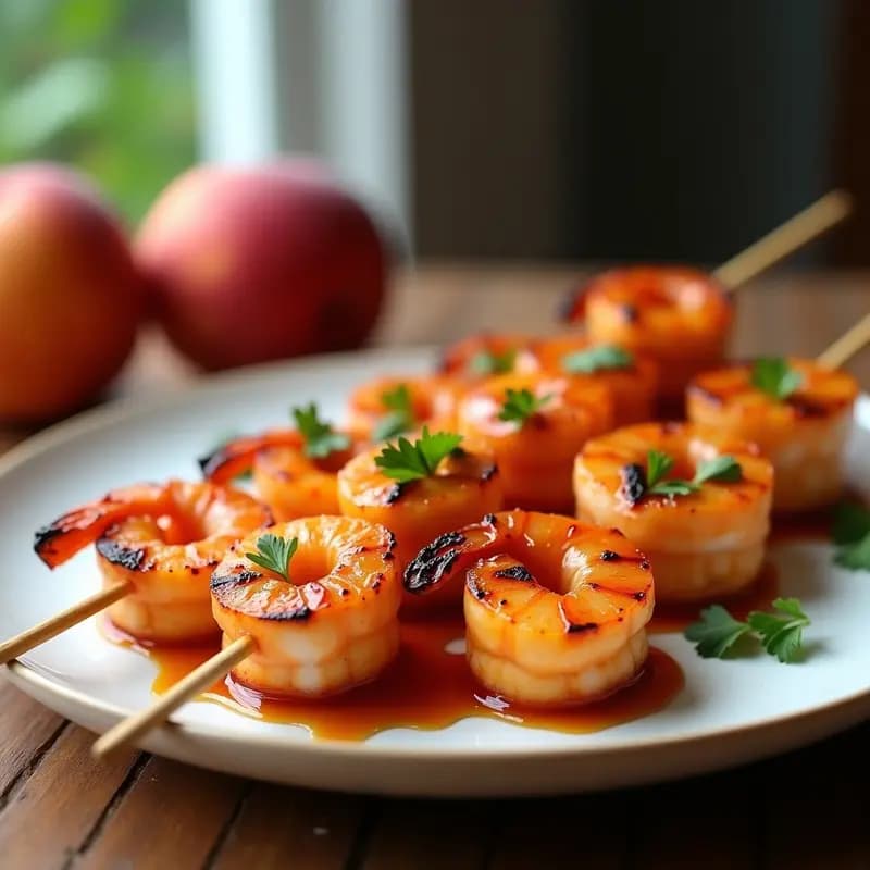 Brochetas de Langostinos y Melocotón con Glaseado de Sriracha: Receta en Grill Alta en Proteína