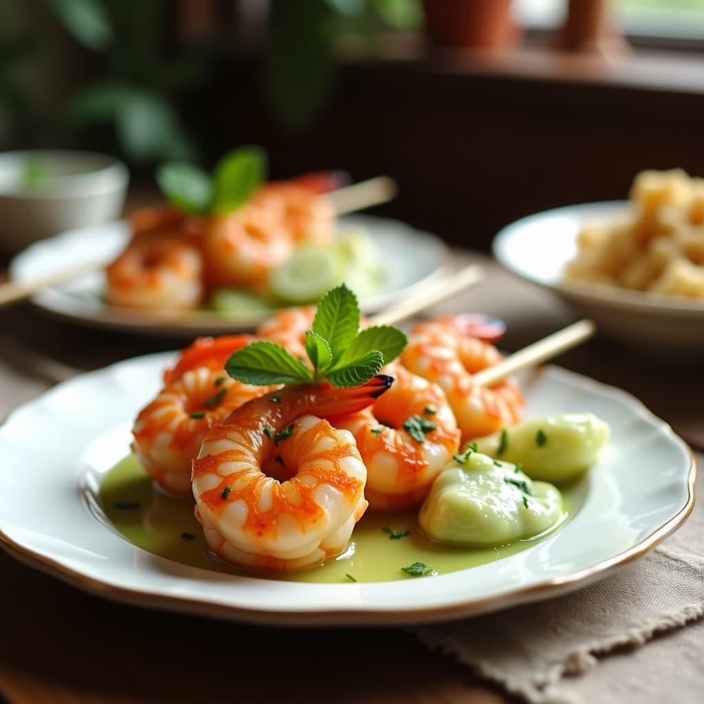 Brochetas de Langostinos y Melón con Salsa de hierbabuena: Receta Árabe Fresca en Grill