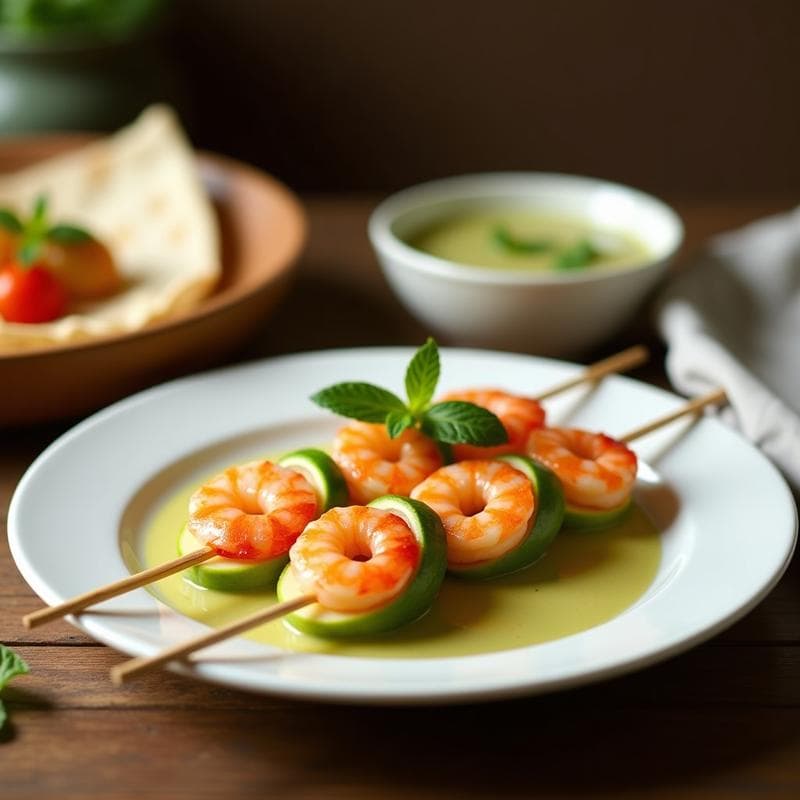 Brochetas de Langostinos y Melón con Salsa de Menta y Lima: Receta griega al Estilo Souvlaki