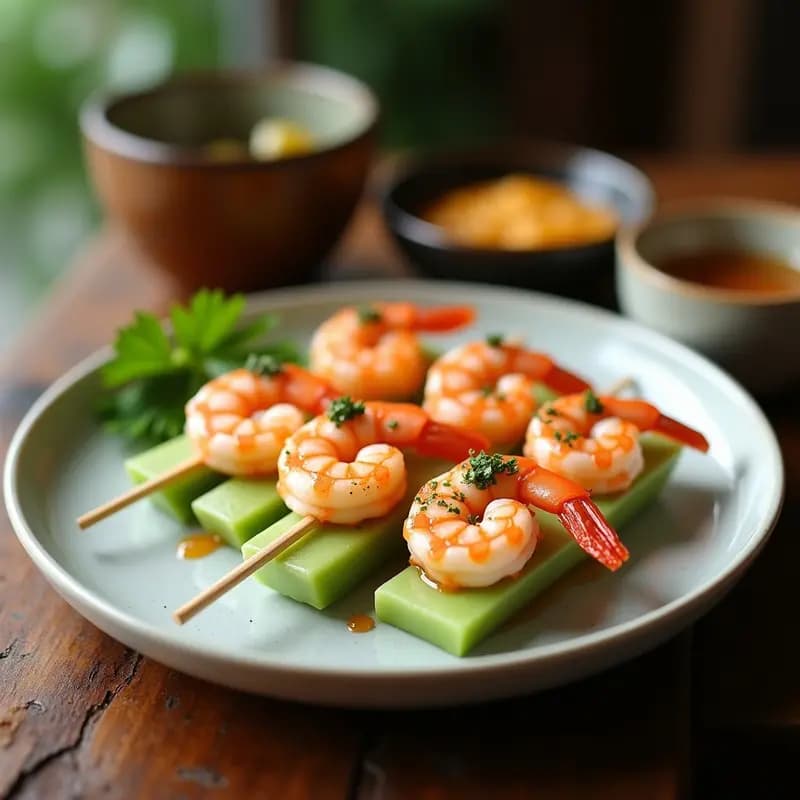 Brochetas de Langostinos y Melón con Salsa de Wasabi y Miel: Receta Japonesa Gourmet