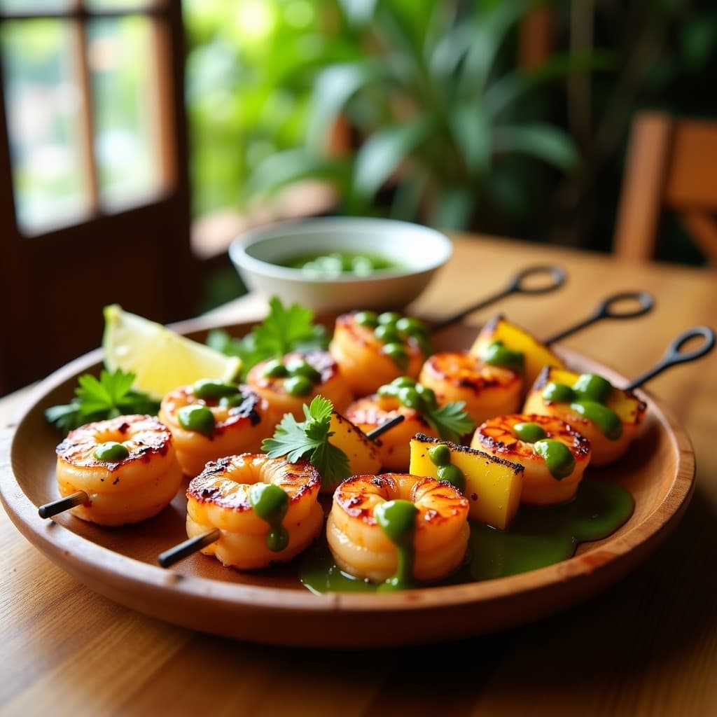 Brochetas de Langostinos y Piña con Salsa de Cilantro y Lima: Receta Caribena en Grill