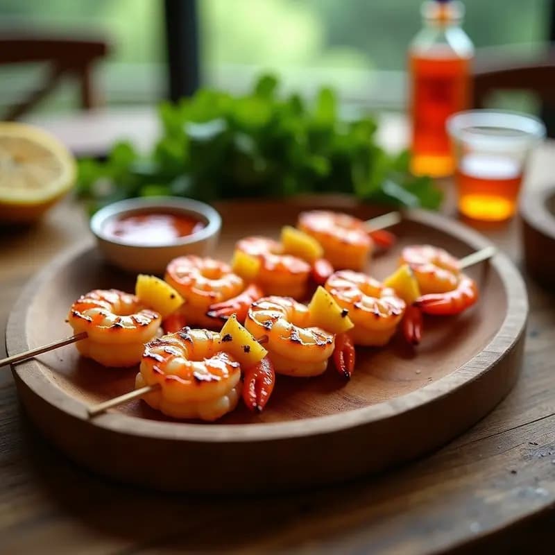 Brochetas de Langostinos y Piña Caramelizada con Salsa Sriracha: Receta Tailandesa en Grill para Fiesta