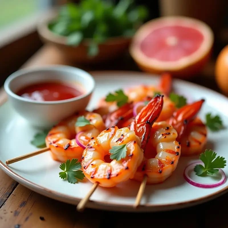Brochetas de Langostinos y Pomelo Rosa con Salsa de Chili: Receta Vietnamita en Grill