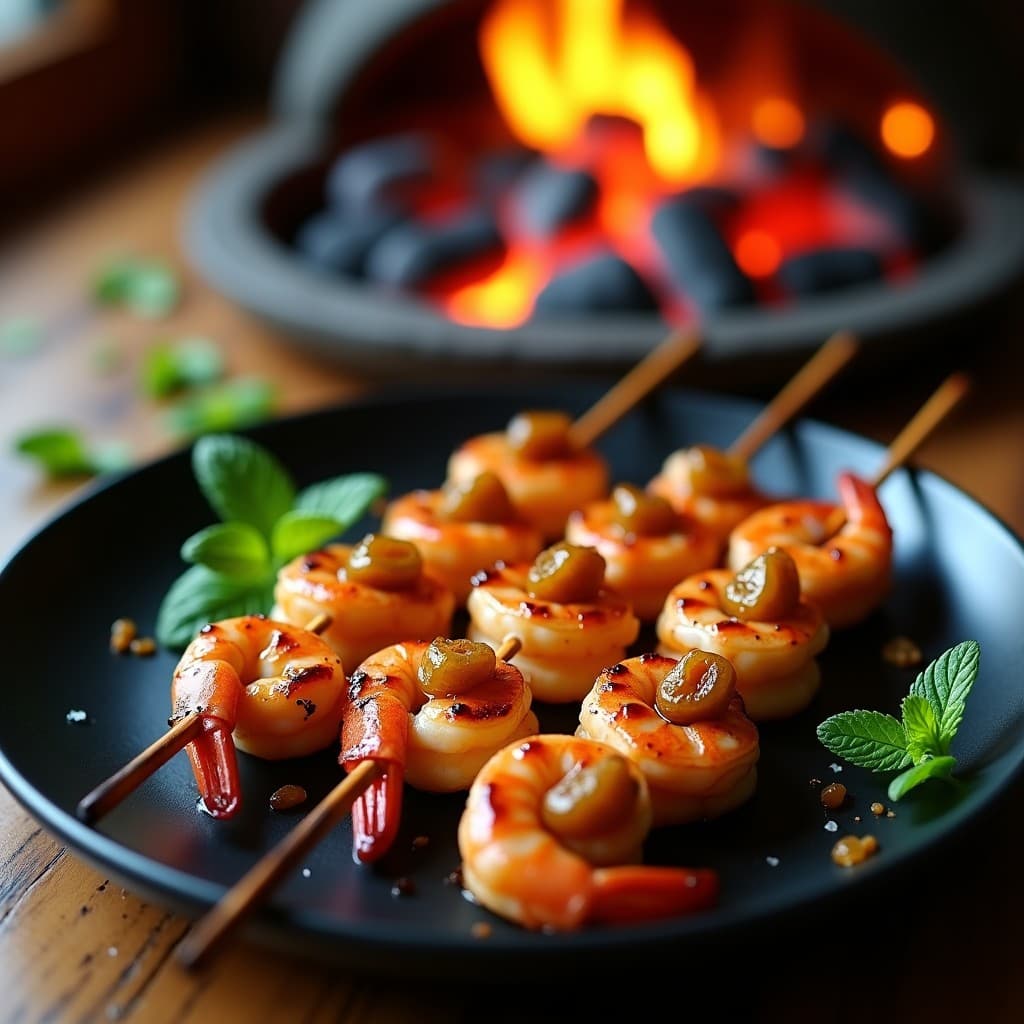 Brochetas de Langostinos y Uvas Pasas con Glaseado de Vinagre Balsámico: Receta Portugués-Arabe en Grill
