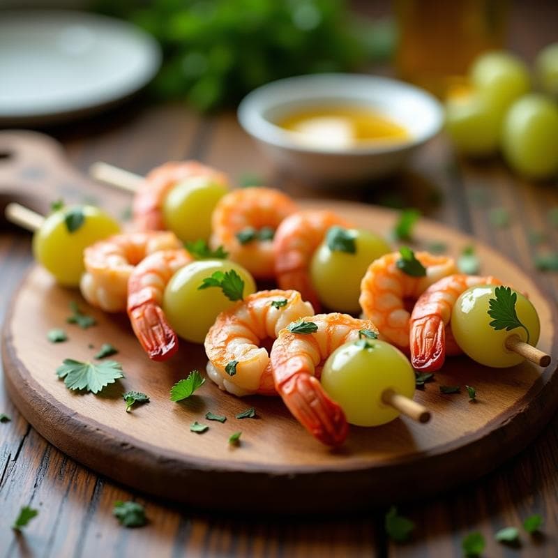 Brochetas de Langostinos y Uvas con Salsa de Mostaza y Miel: Receta Griega Gourmet en 10 Minutos