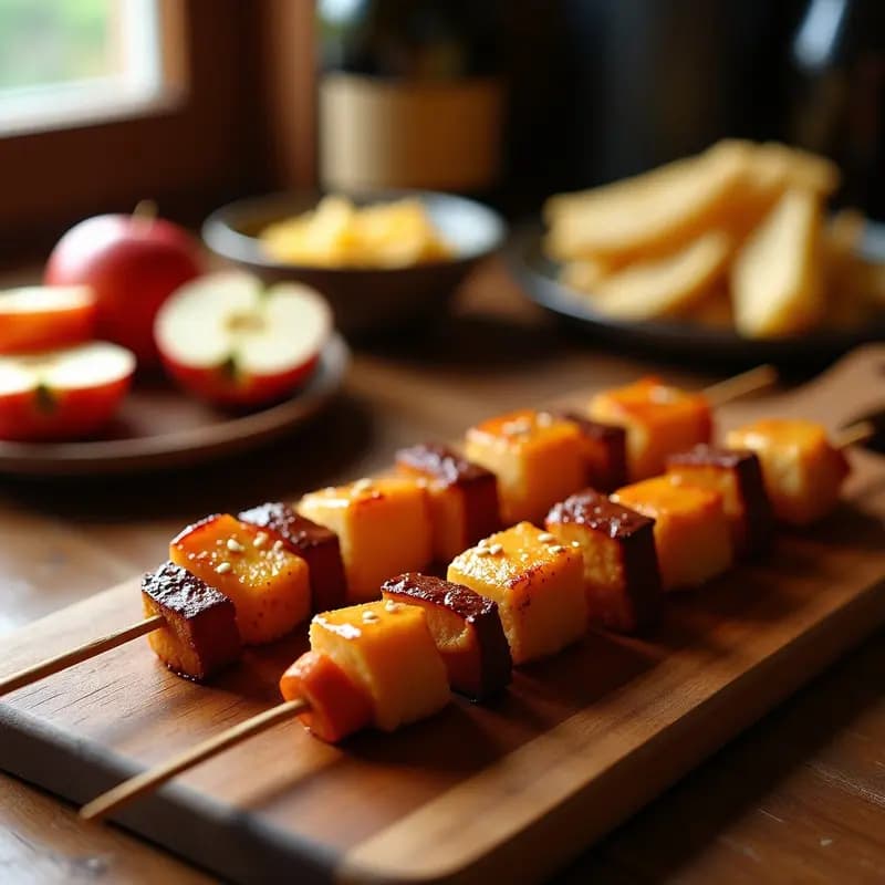 Brochetas de Manzana Asada y Chorizo de Tofu con Glaseado de Miel de Arce: Receta Canadiense Vegana