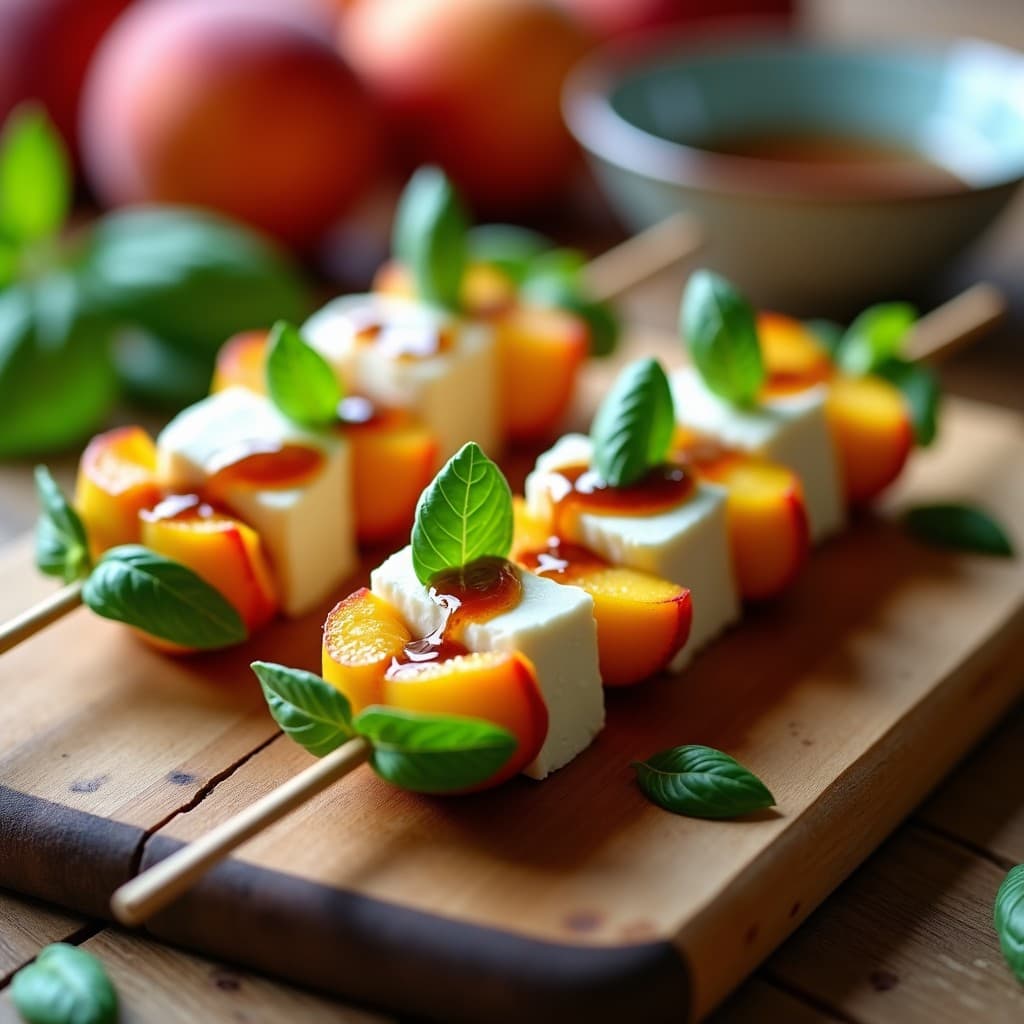 Brochetas de Melocotón y Mozzarella con Reducción de Albahaca: Entrante Italiano Dulce-Salado en 10 Minutos
