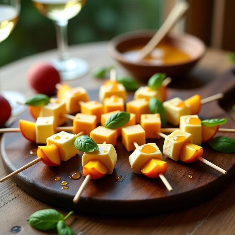 Brochetas de Melocotón y Mozzarella: Aperitivo Veraniego con Reducción de Miel y Albahaca