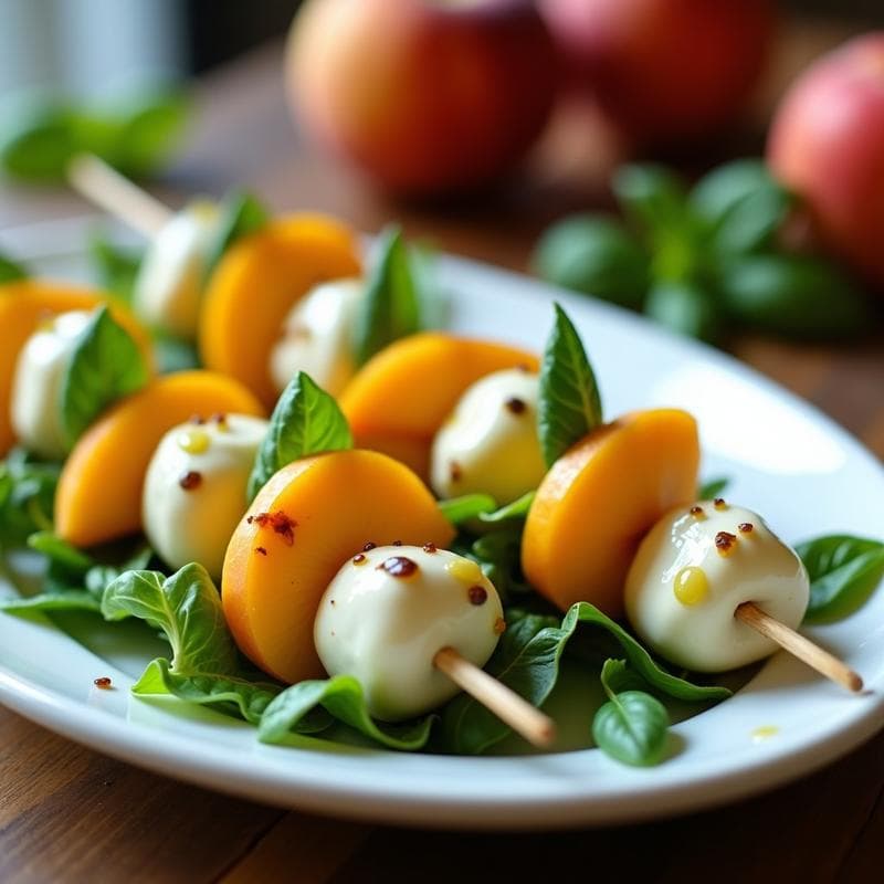 Brochetas de Melocotón y Mozzarella Vegana con Vinagreta de Albahaca: Aperitivo Italiano Sin Lácteos