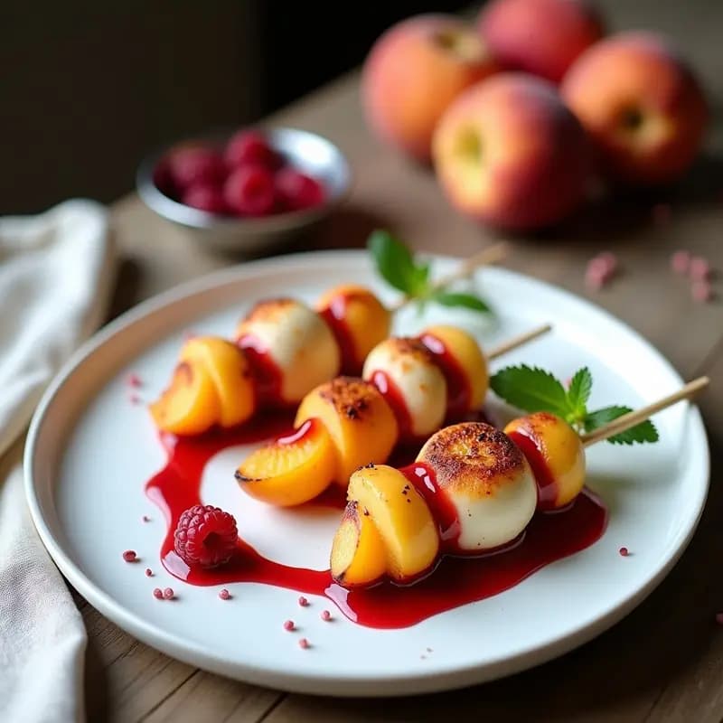 Brochetas de Melocotón y Queso de Anacardos con Salsa de Frambuesa: Postre Vegano Gourmet en Airfryer