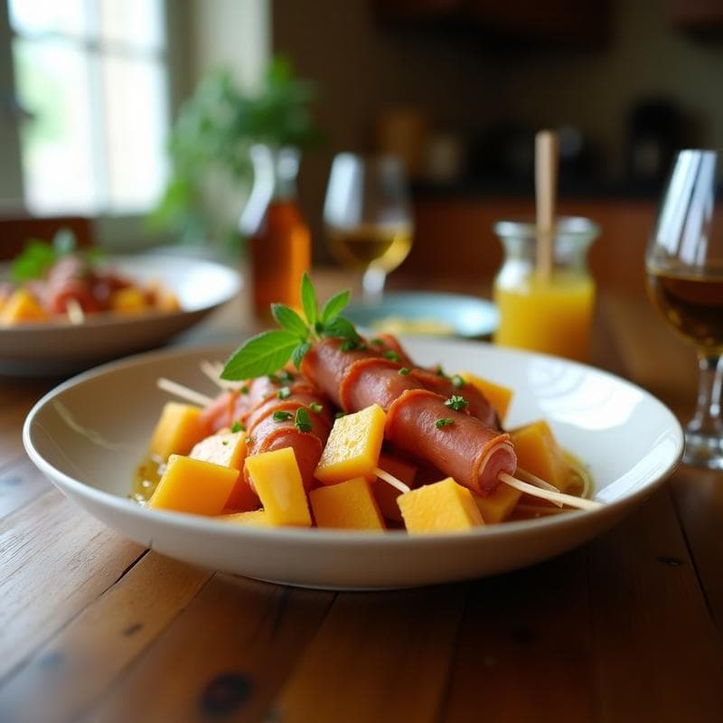 Brochetas de Melón y Jamón Serrano con Vinagreta de Miel: Receta en 10 Minutos
