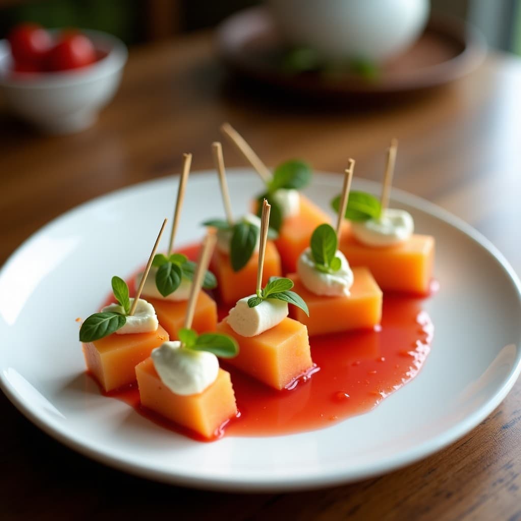 Brochetas de Melón y Queso de Anacardos con Vinagreta de Hibisco: Aperitivo Vegano Mexicano