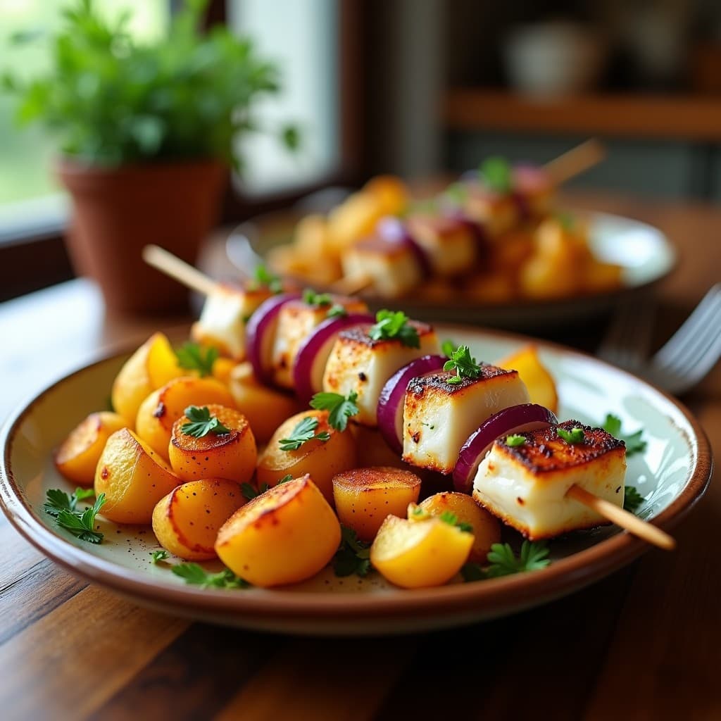 Brochetas de Merluza Marinada en Limón y Hierbas con Patatas Panaderas: Receta Española en Airfryer
