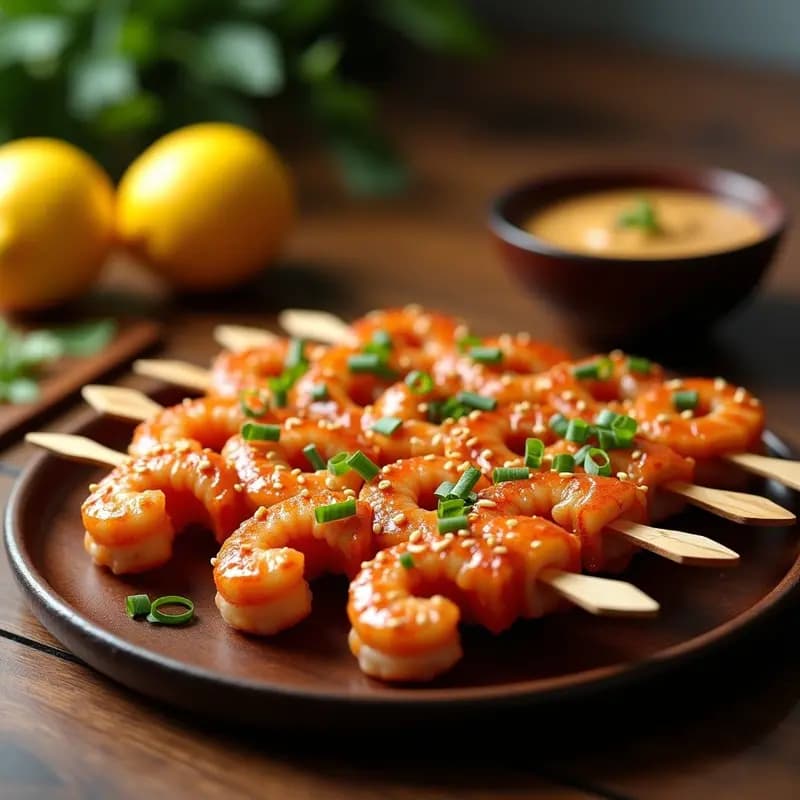 Brochetas de Mozambique: Langostinos con Salsa de Cacahuete y Limón en Palito de Azúcar