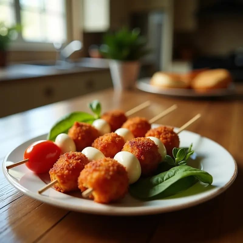 Brochetas de Mozzarella y Tomate Cherry Empanizadas: Crujientes y Derretidas en el Paladar