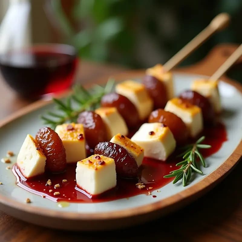 Brochetas de Mozzarella y Uvas Passas Emborrachadas en Vino Tinto: Aperitivo Italiano Sofisticado